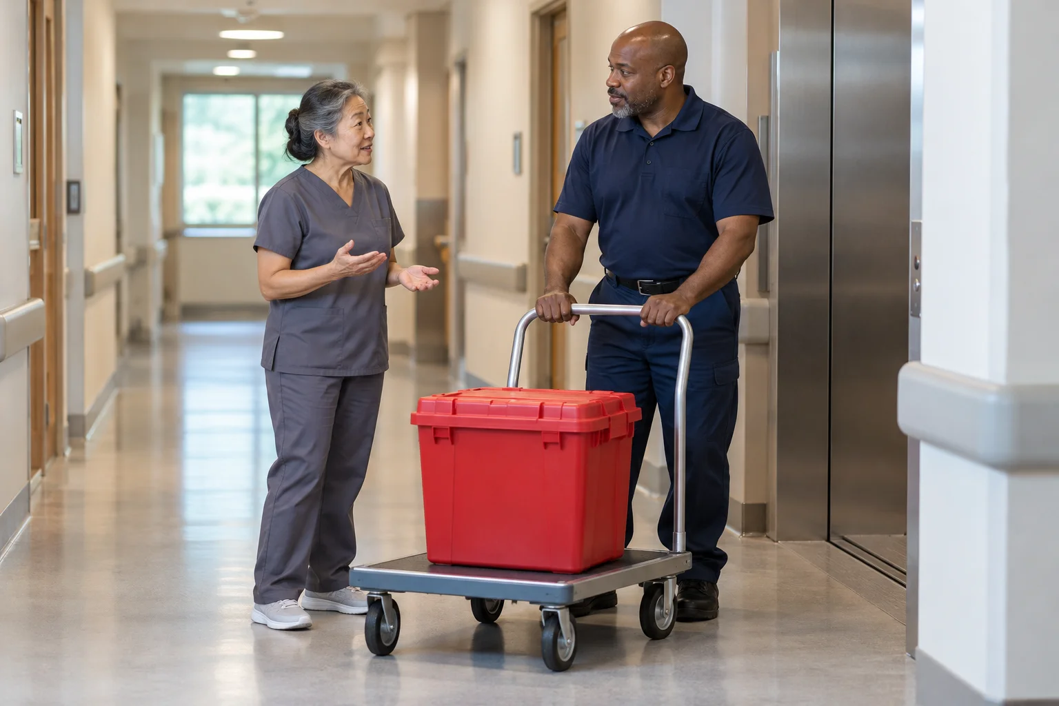 Nurse and service worker coordinating a medical waste pickup.