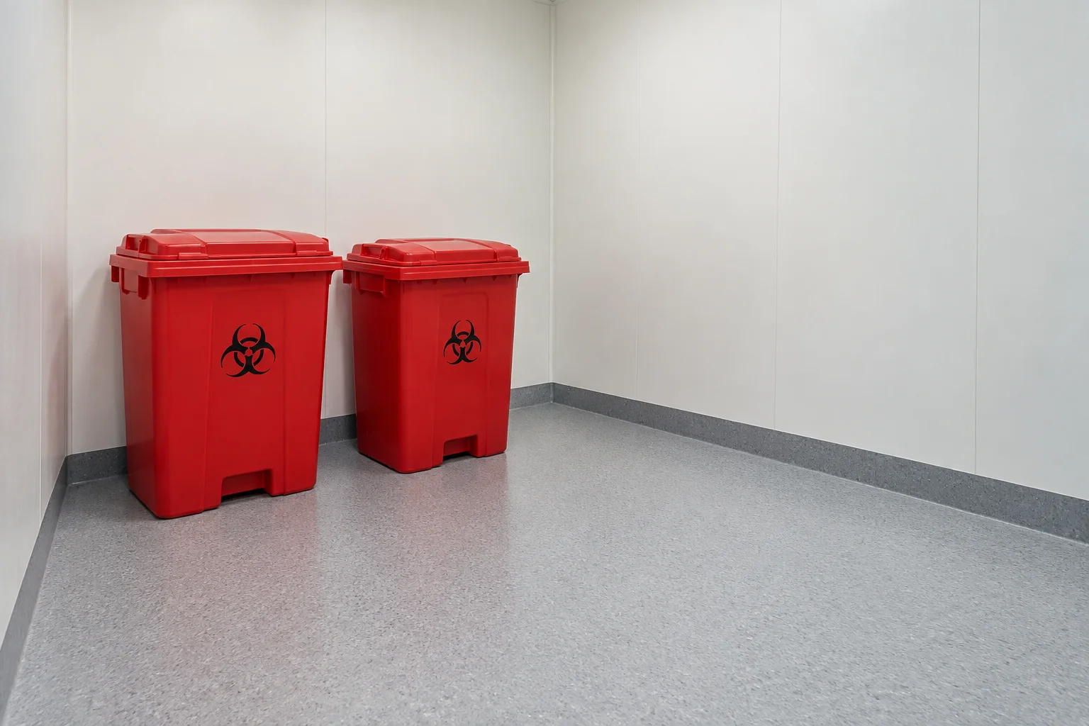 Closed medical waste containers in a dedicated collection area.