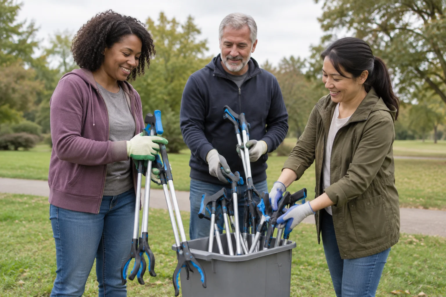 Adult volunteers preparing for a community cleanup.