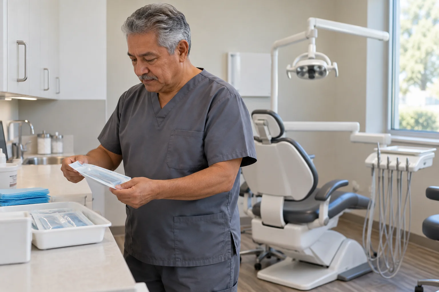 Dental assistant checking supplies in an empty treatment room.