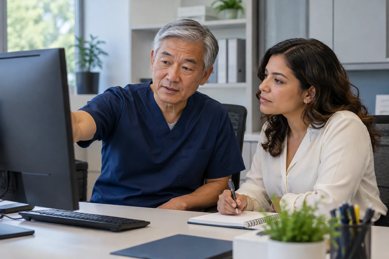 Clinician and administrator discussing electronic-record workflow.