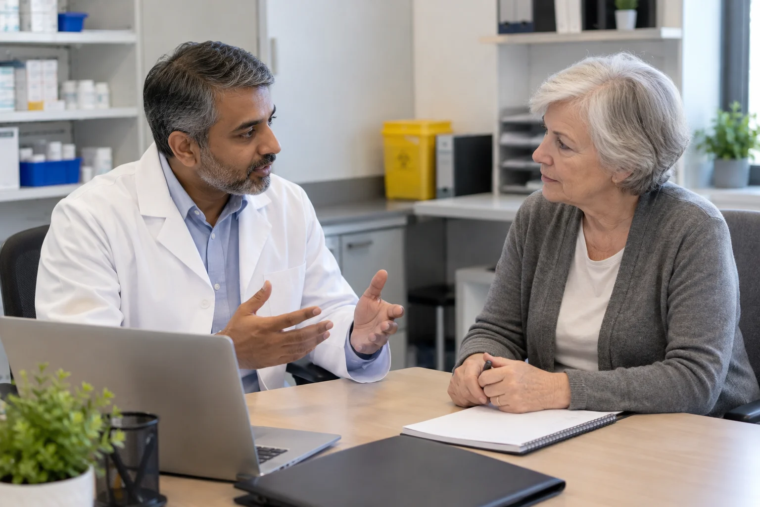 Pharmacist and administrator discussing medication disposal arrangements.