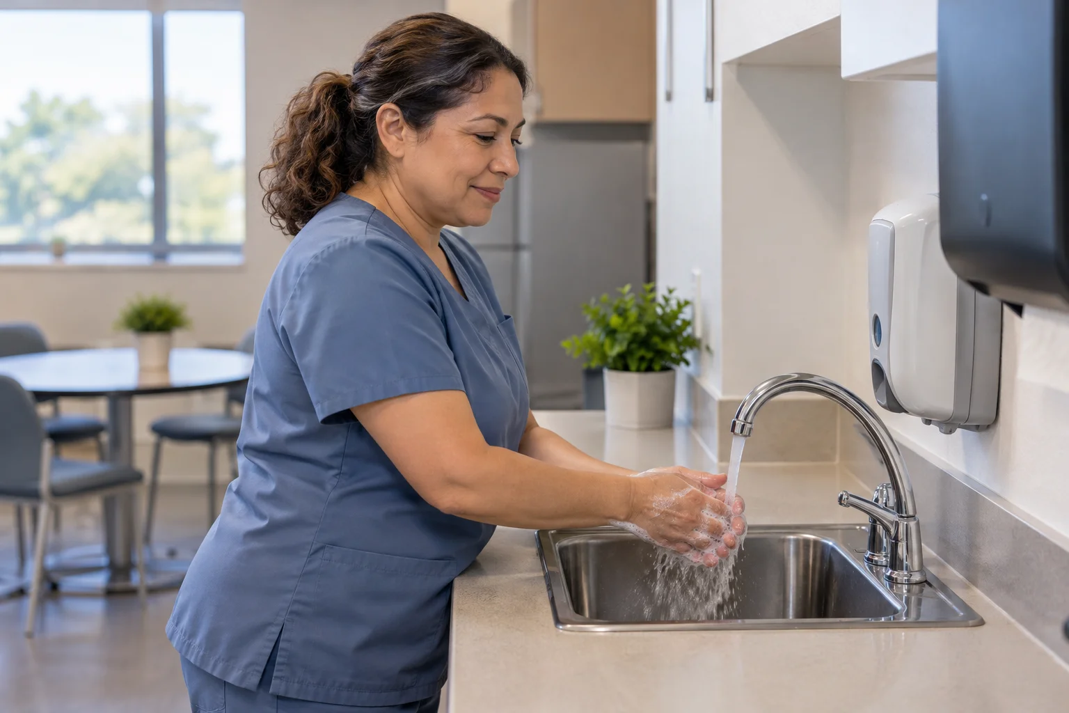 Healthcare worker washing hands at a staff-room sink.