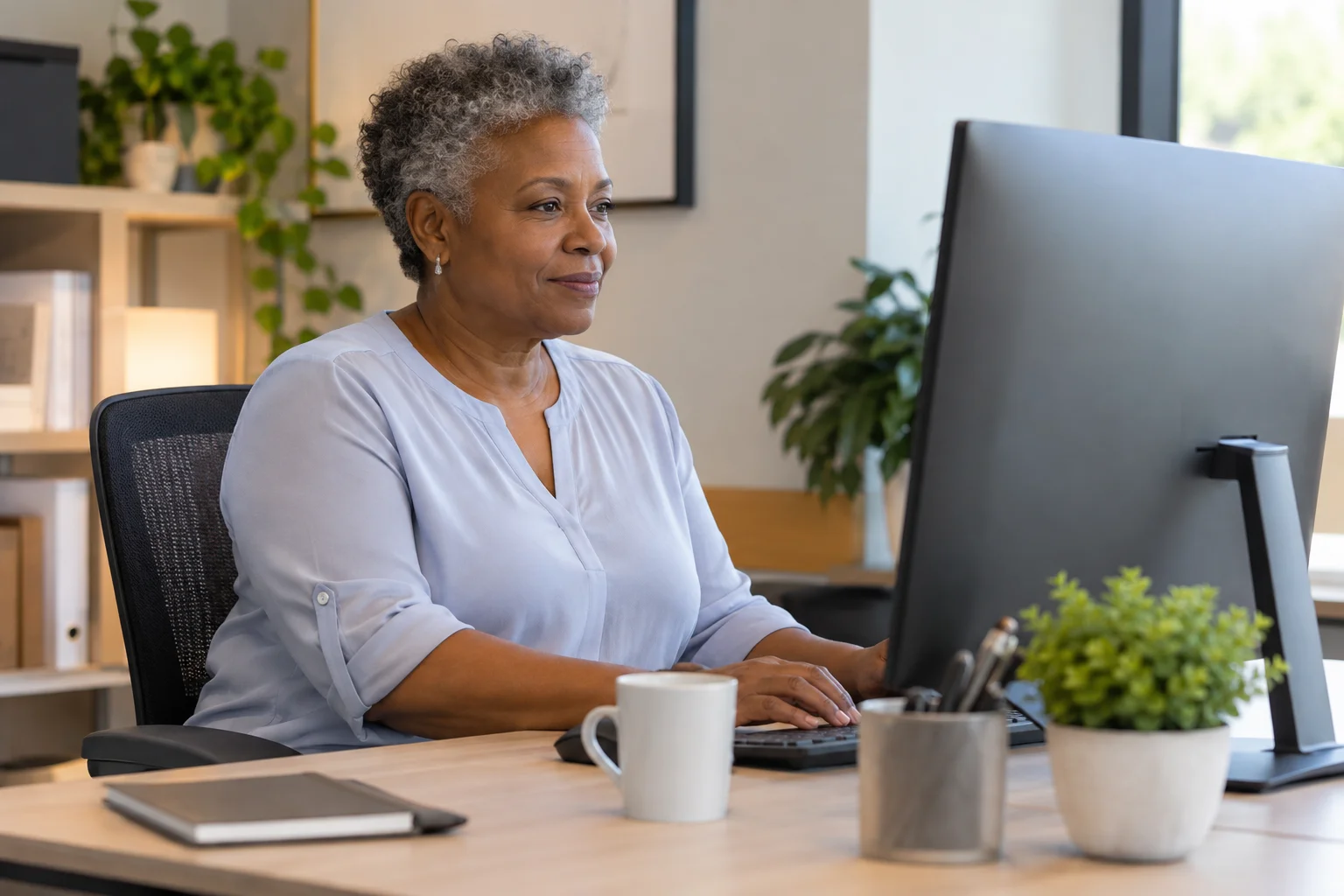 Clinic administrator working at a private office workstation.
