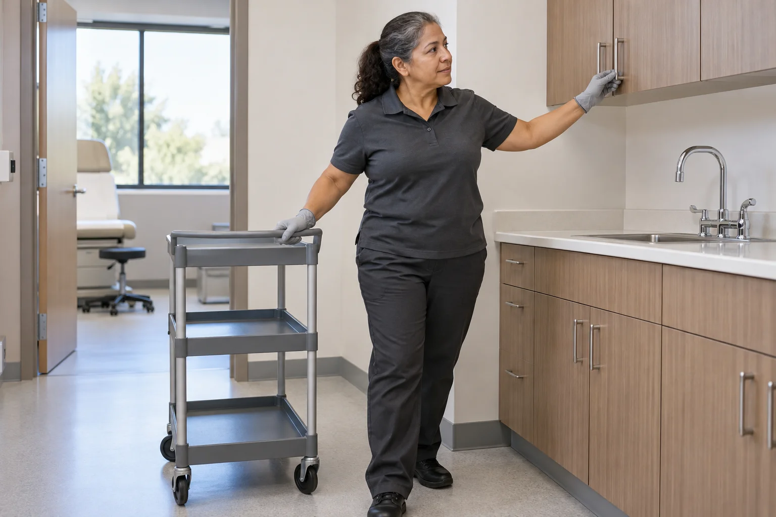 Facilities supervisor checking a healthcare service area.