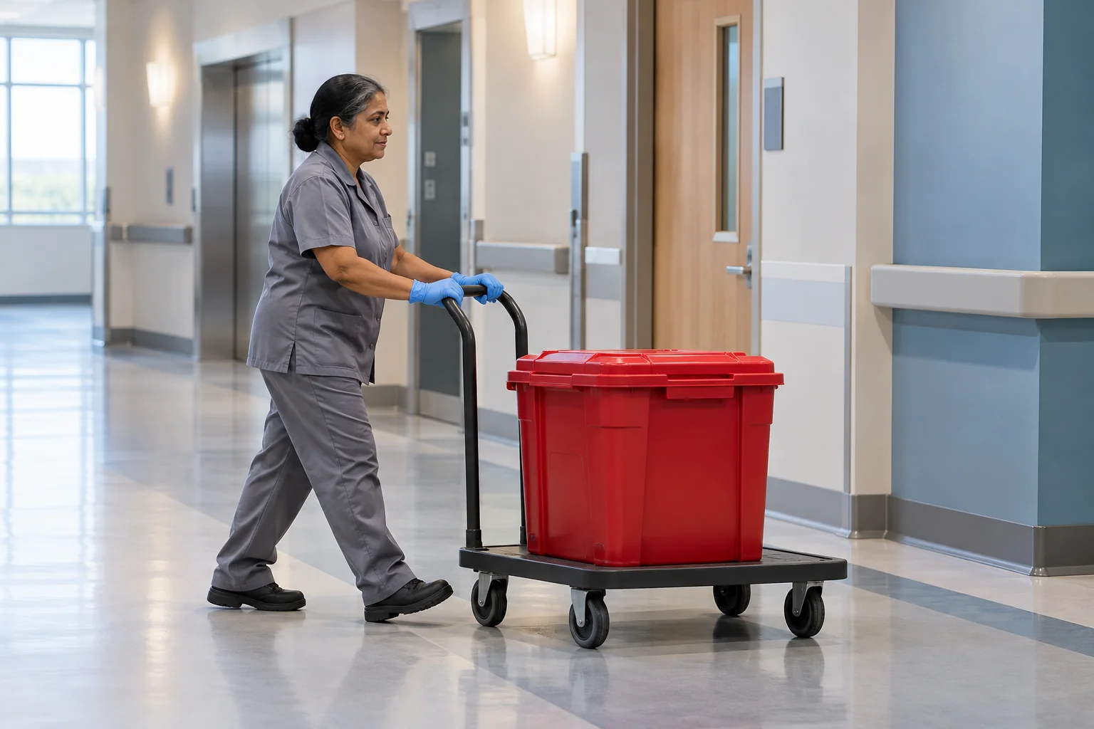 Worker transporting a closed waste container in a hospital service corridor.