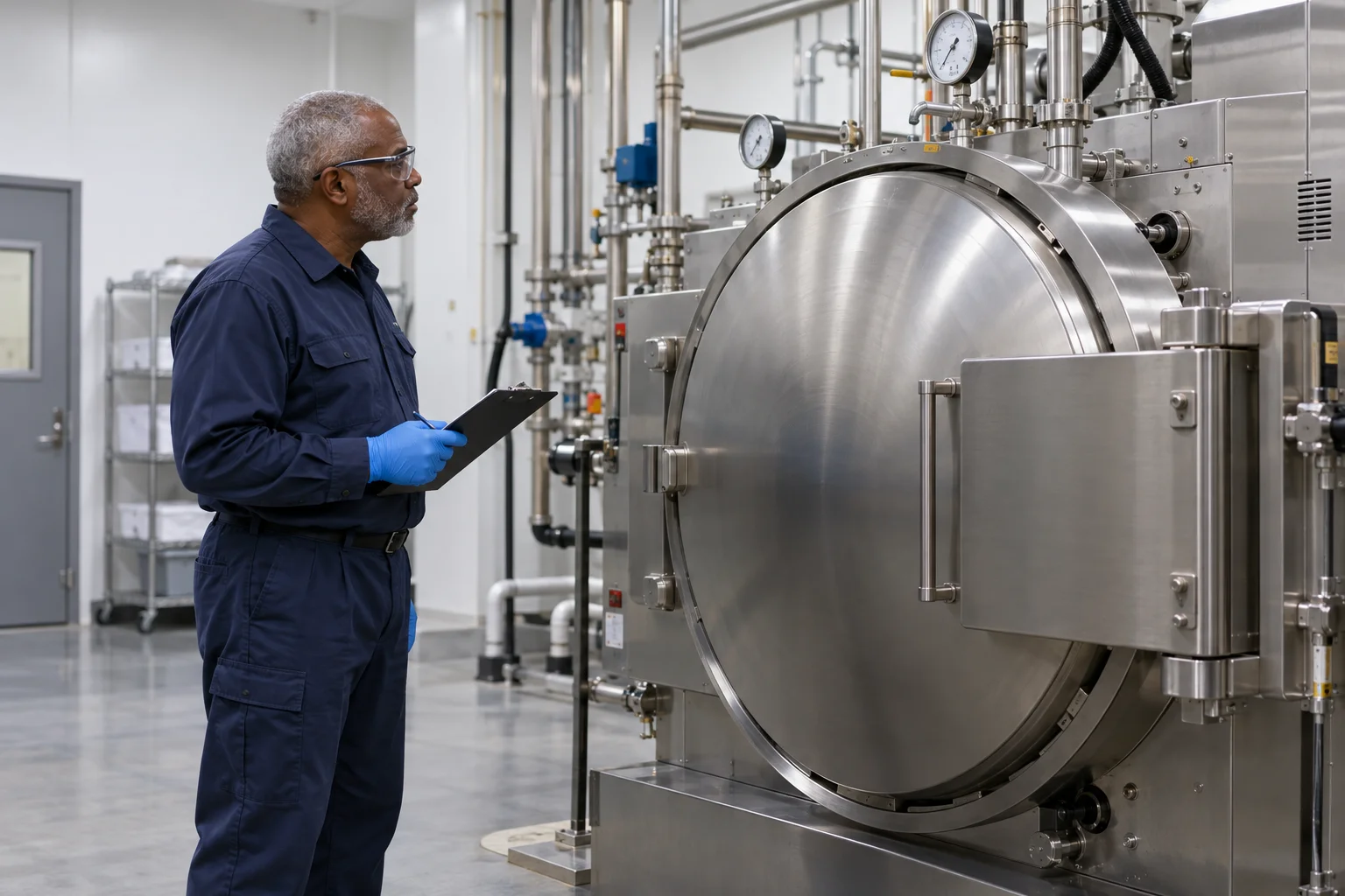 Technician inspecting closed industrial steam-treatment equipment.