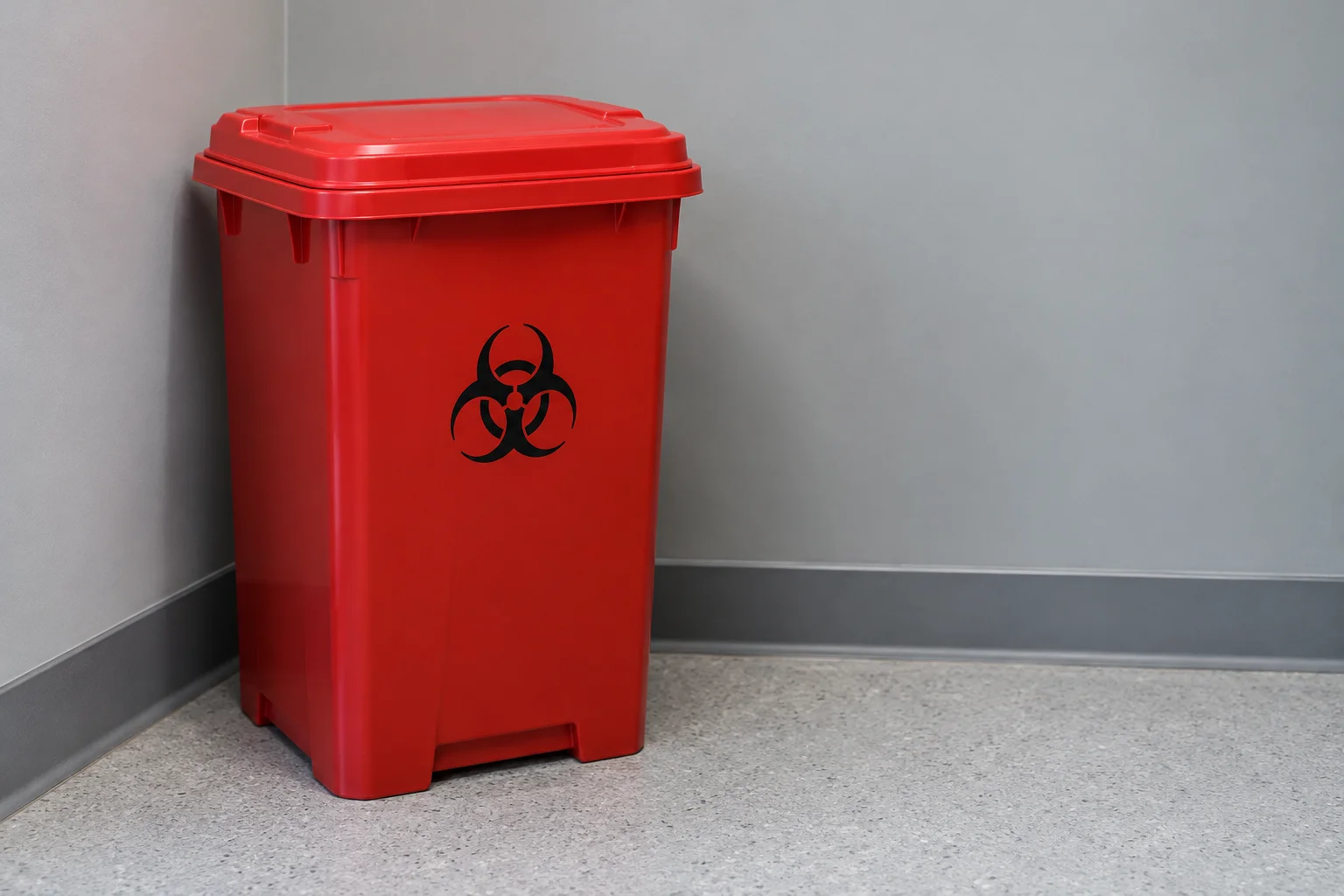 Closed rigid medical waste container in a collection room.