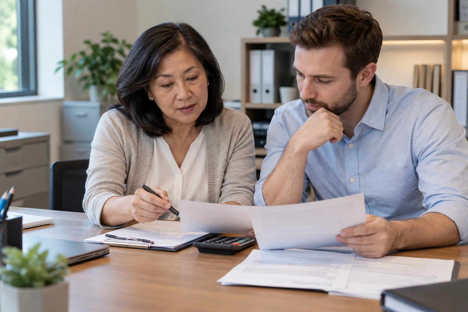 Medical office colleagues reviewing service costs.