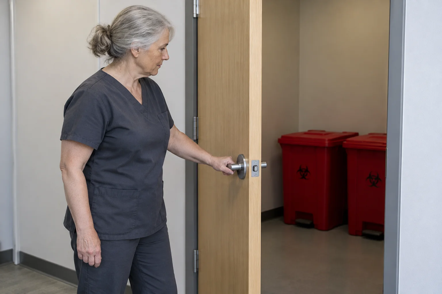 Worker checking the door of a dedicated waste storage room.