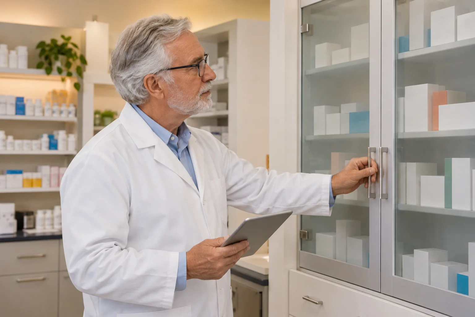 Pharmacist checking a medicine storage cabinet.