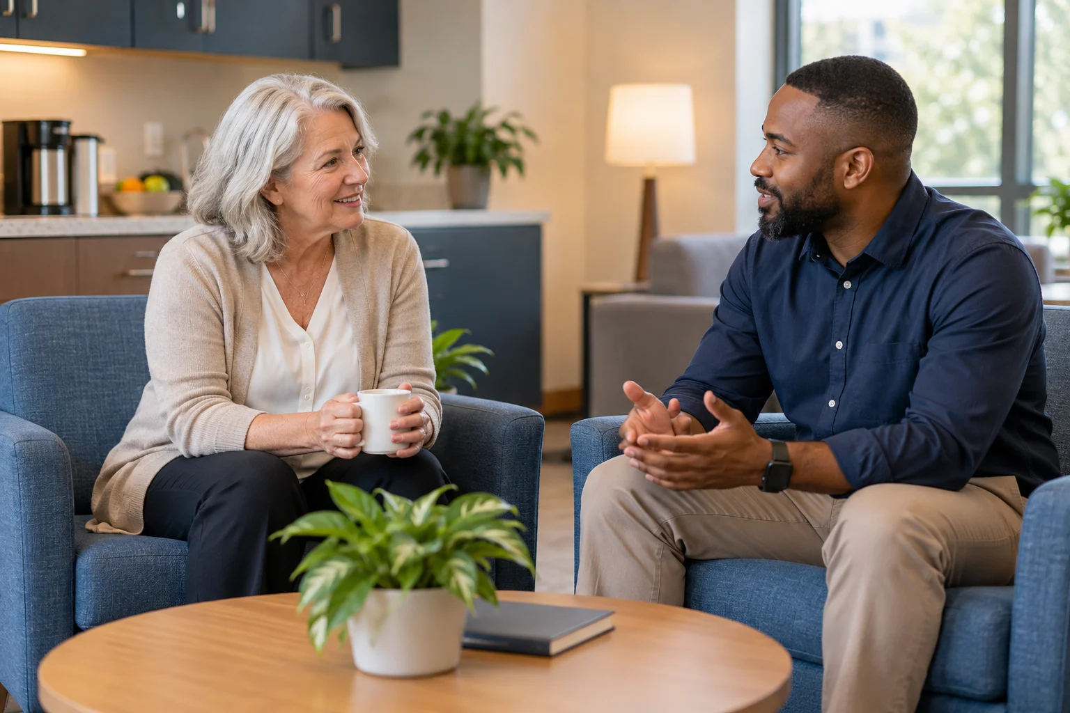 Colleagues sharing a supportive workplace conversation.
