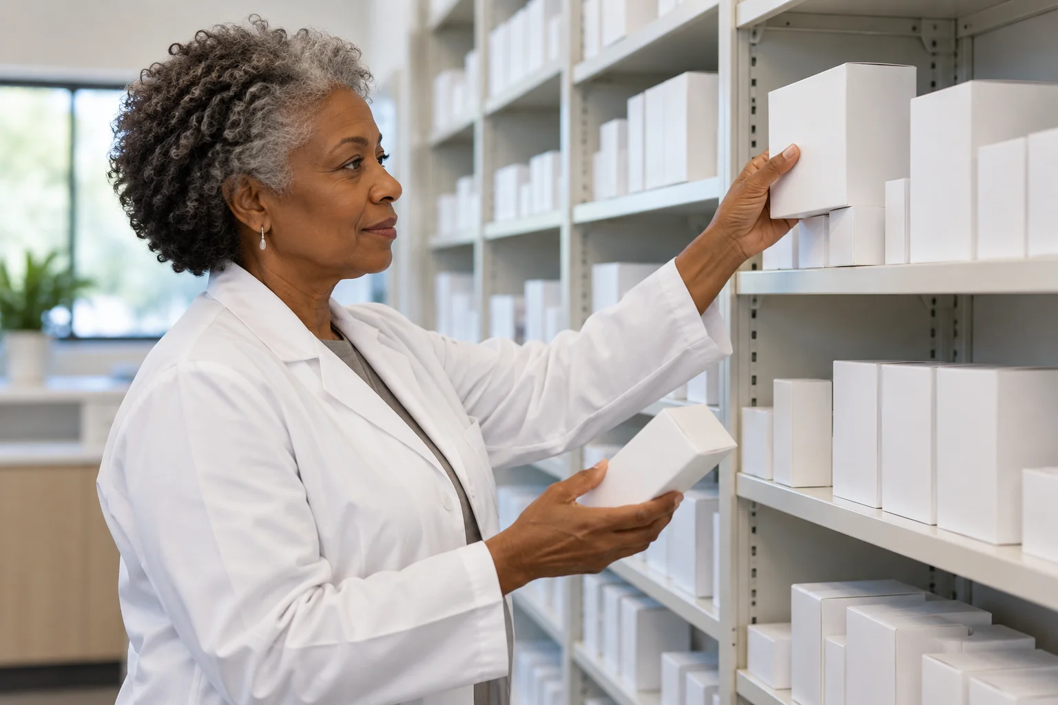 Pharmacist reviewing pharmacy inventory.