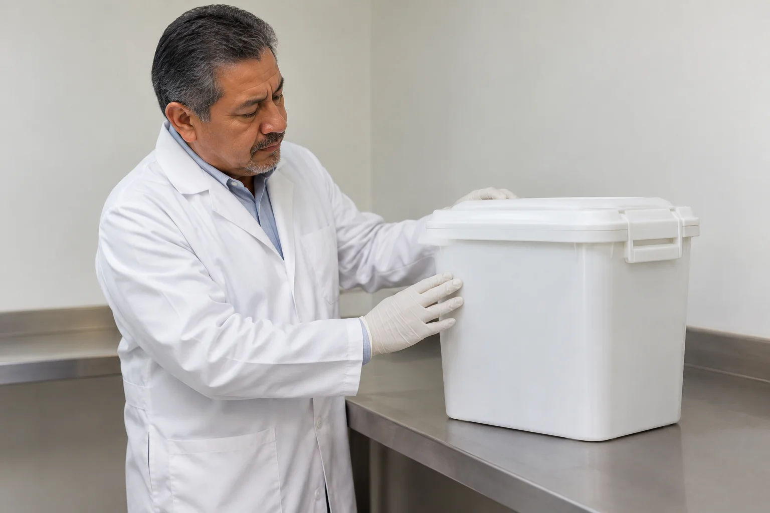 Pharmacy worker checking a closed collection container.