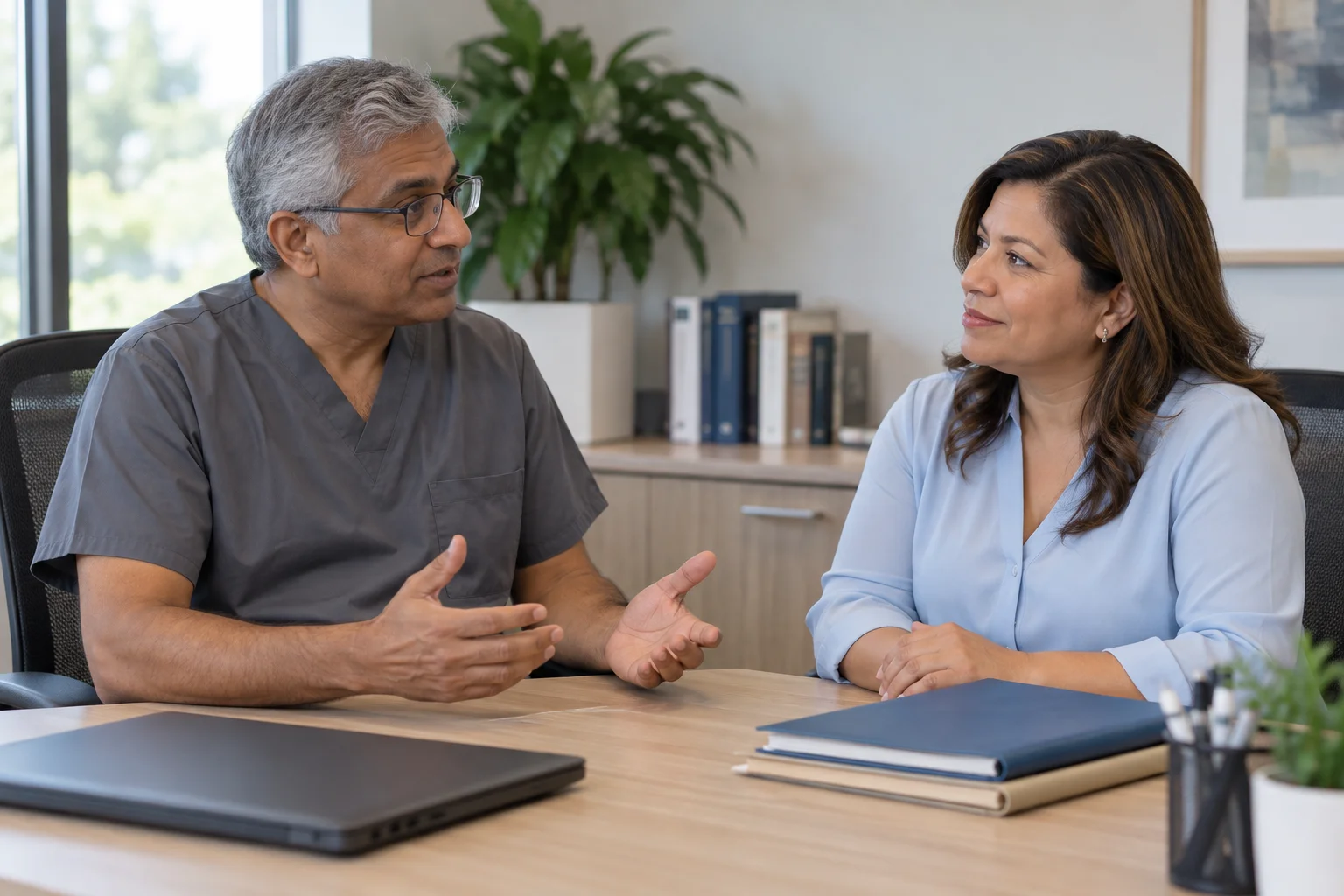Physician and administrator discussing practice operations.