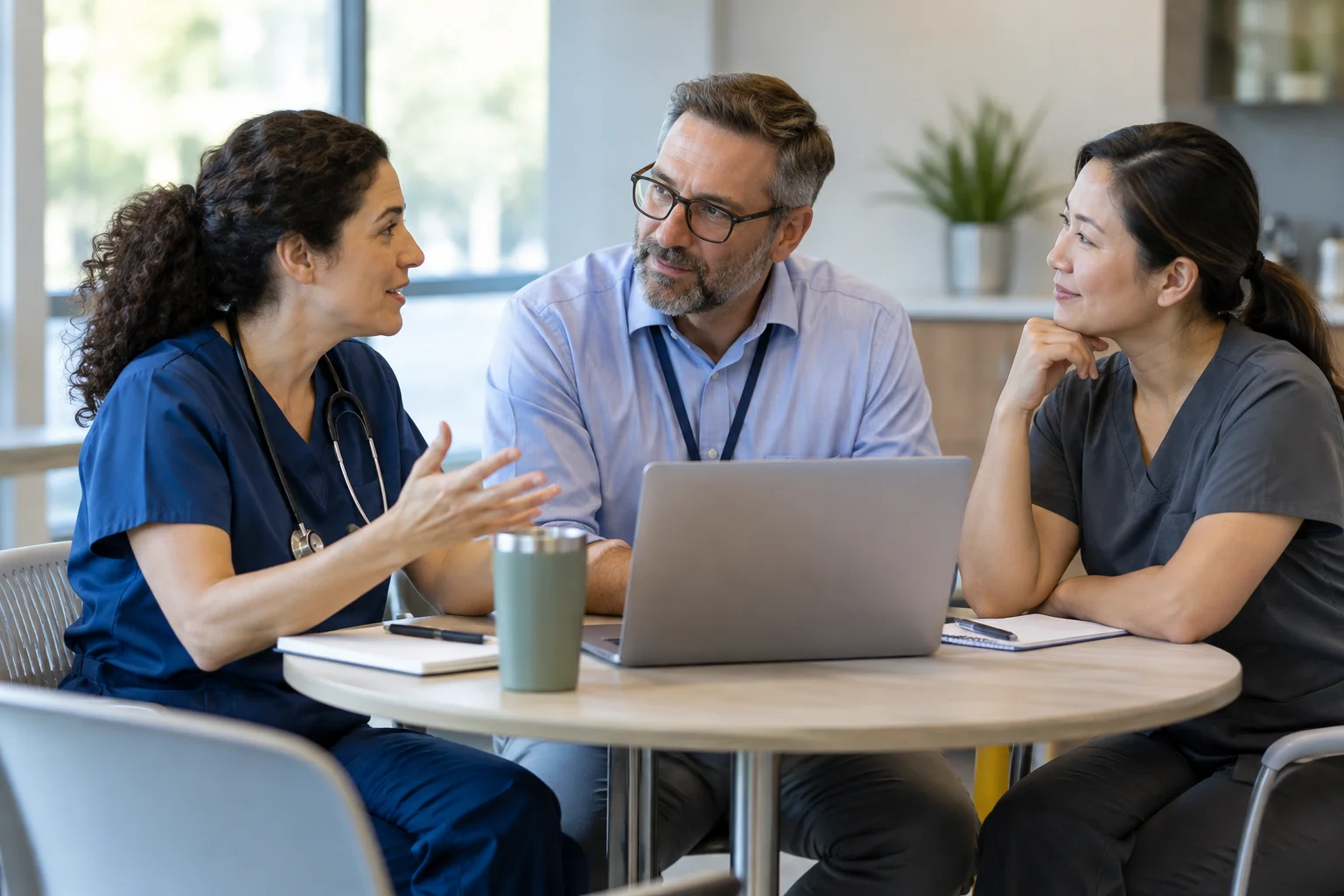 Healthcare colleagues discussing workplace health information.