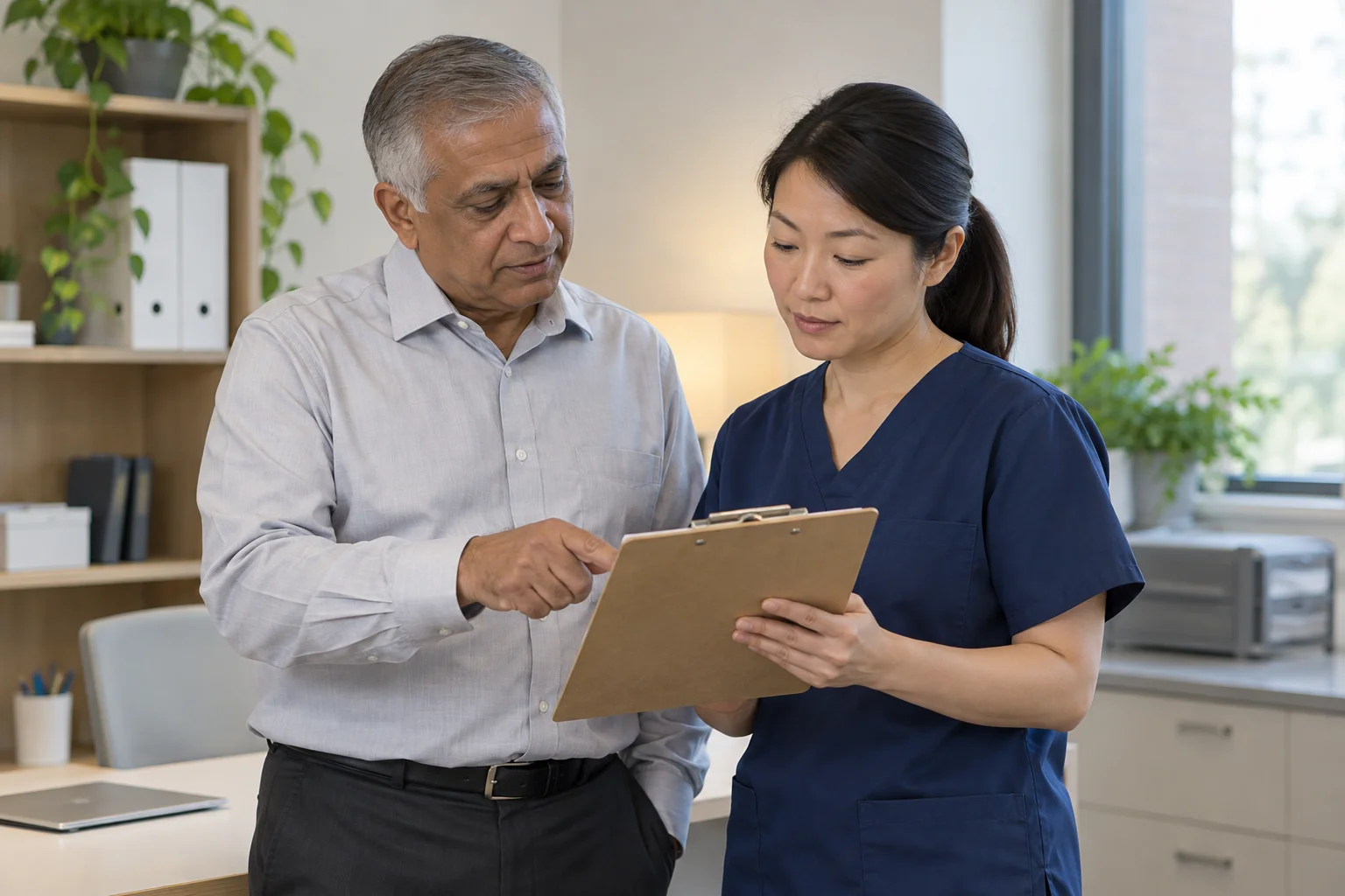 Supervisor and nurse reviewing safety documentation.