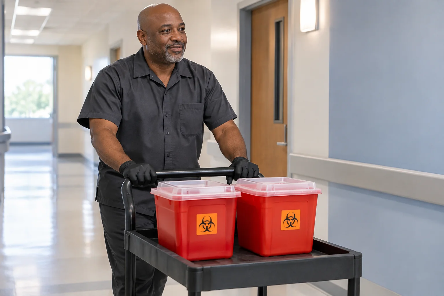 Worker moving closed sharps containers on a service cart.