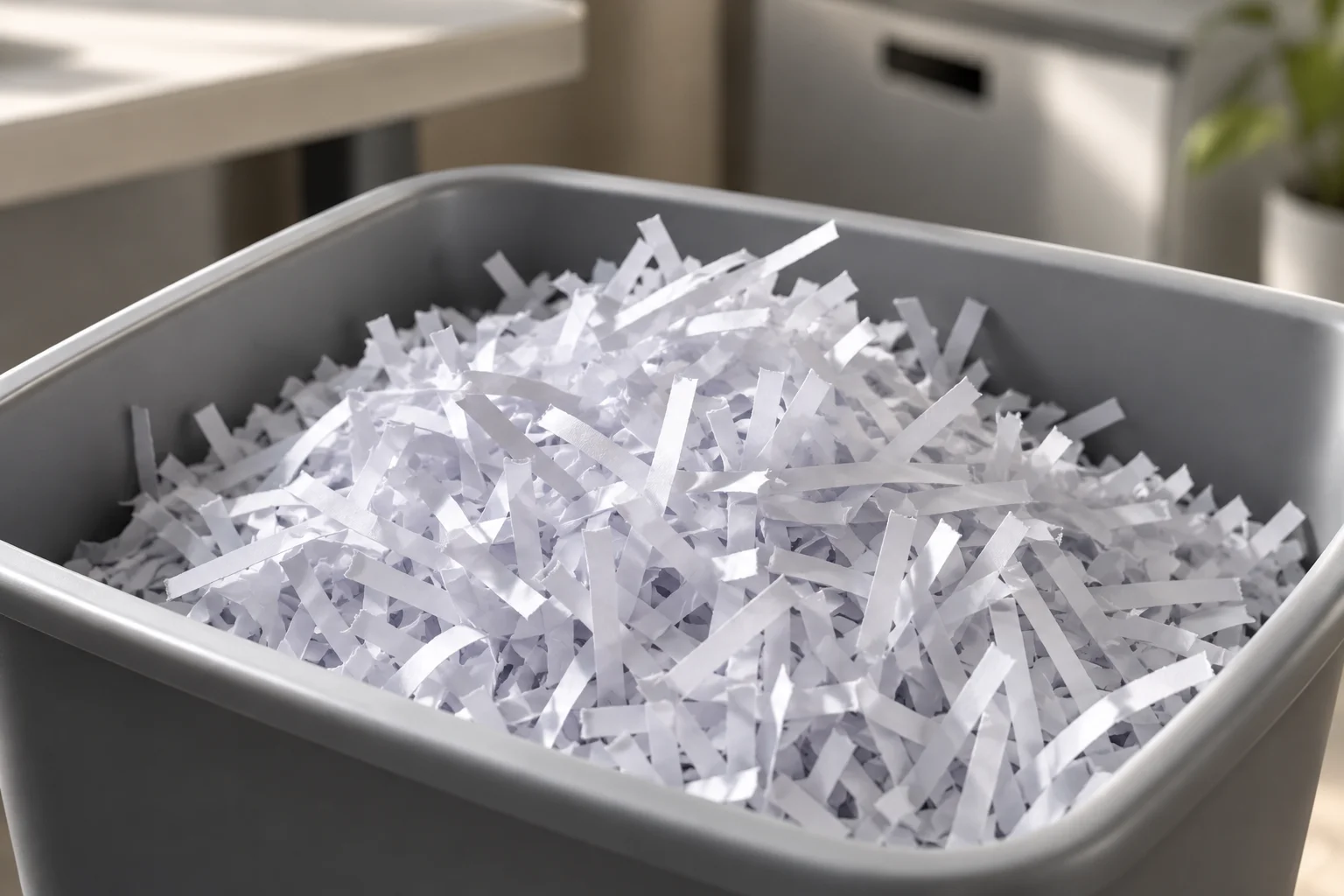 Shredded paper in a plain collection tray.