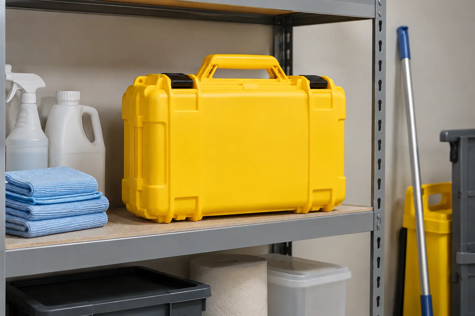 Closed spill-response case on a service-room shelf.