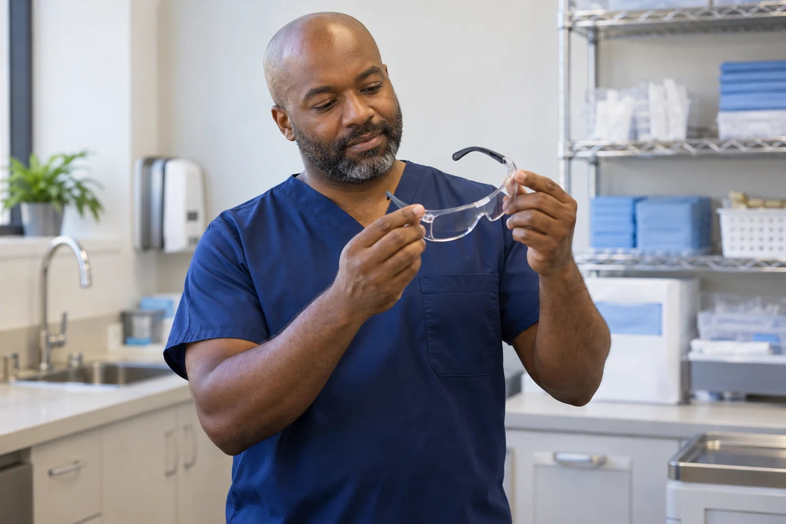Healthcare worker checking protective eyewear.