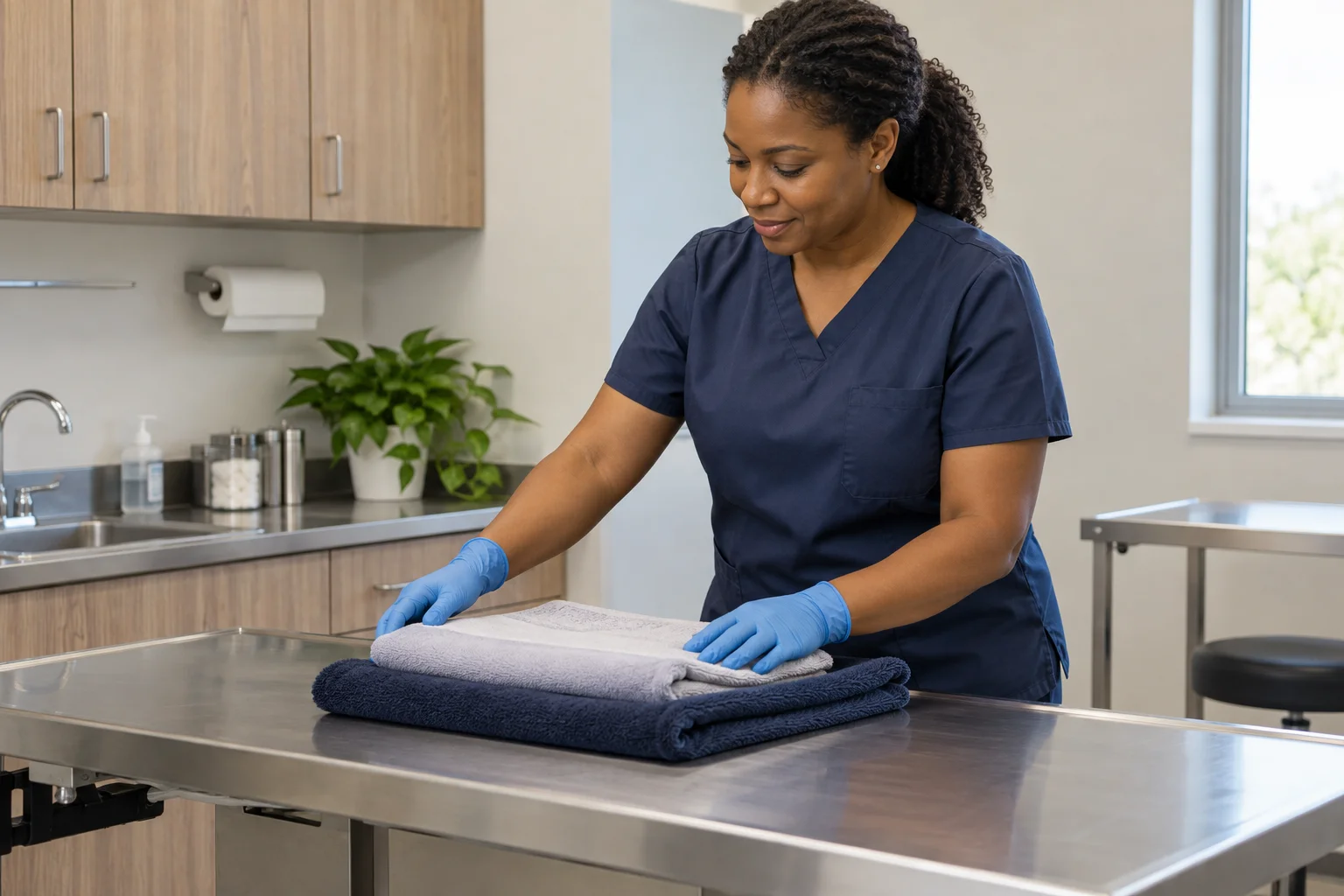 Veterinary professional preparing clean towels in an examination room.