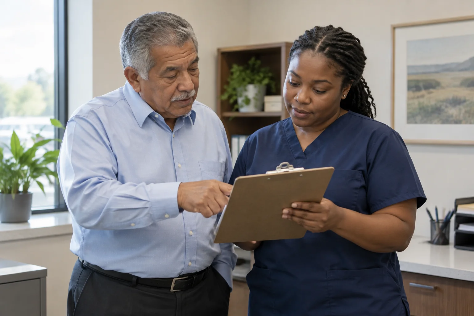 Clinic administrator and service worker reviewing pickup paperwork.