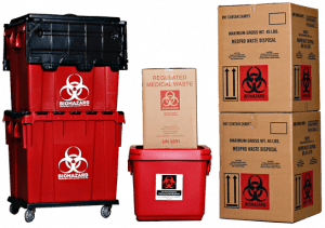 small biohazard boxes and bins