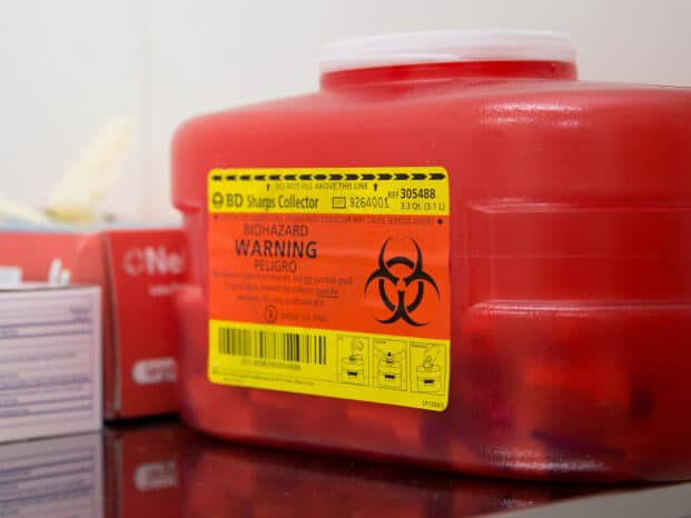 A sharps container