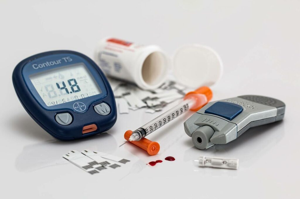 Glucose meter, insulin needles and blood