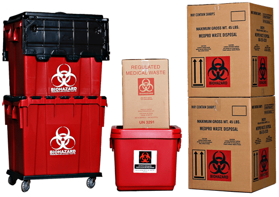 small biohazard boxes and bins