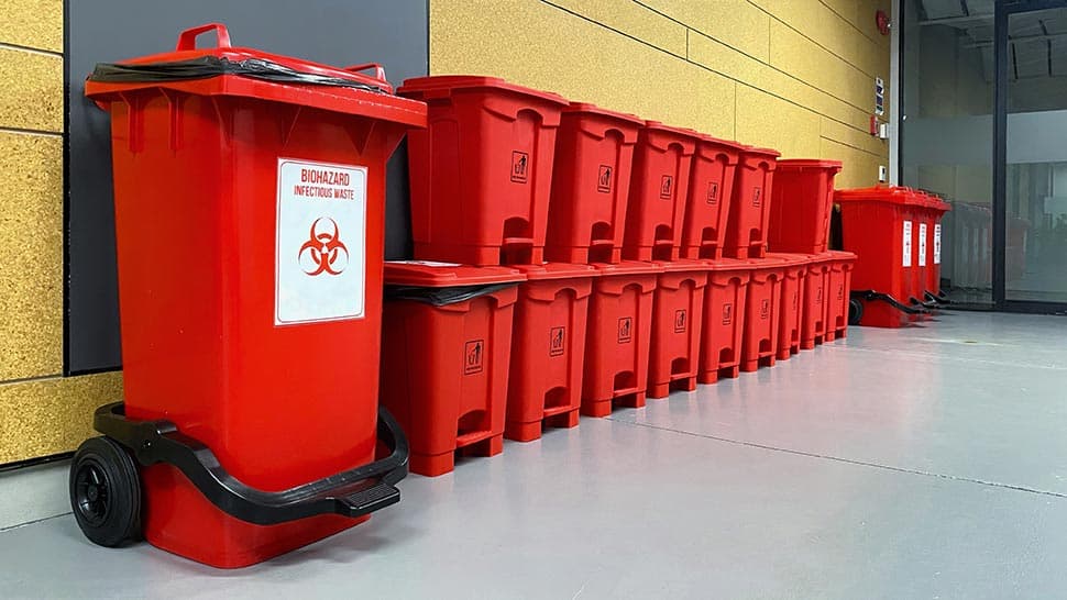 Containers of medical waste sit in a row awaiting pickup & disposal.